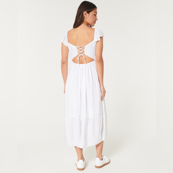Hollister Lace Up Back Midi Dress White Size Large Fairy Coquette Milkmaid - Picture 2 of 10